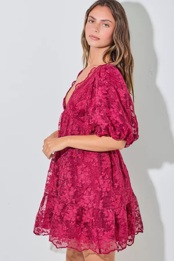 Crimson Petals | Floral Puff Sleeve Mini Dress