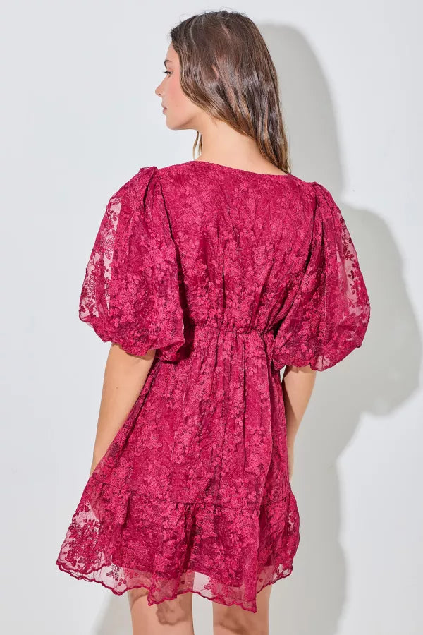 Crimson Petals | Floral Puff Sleeve Mini Dress