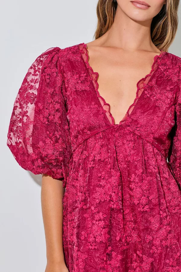 Crimson Petals | Floral Puff Sleeve Mini Dress