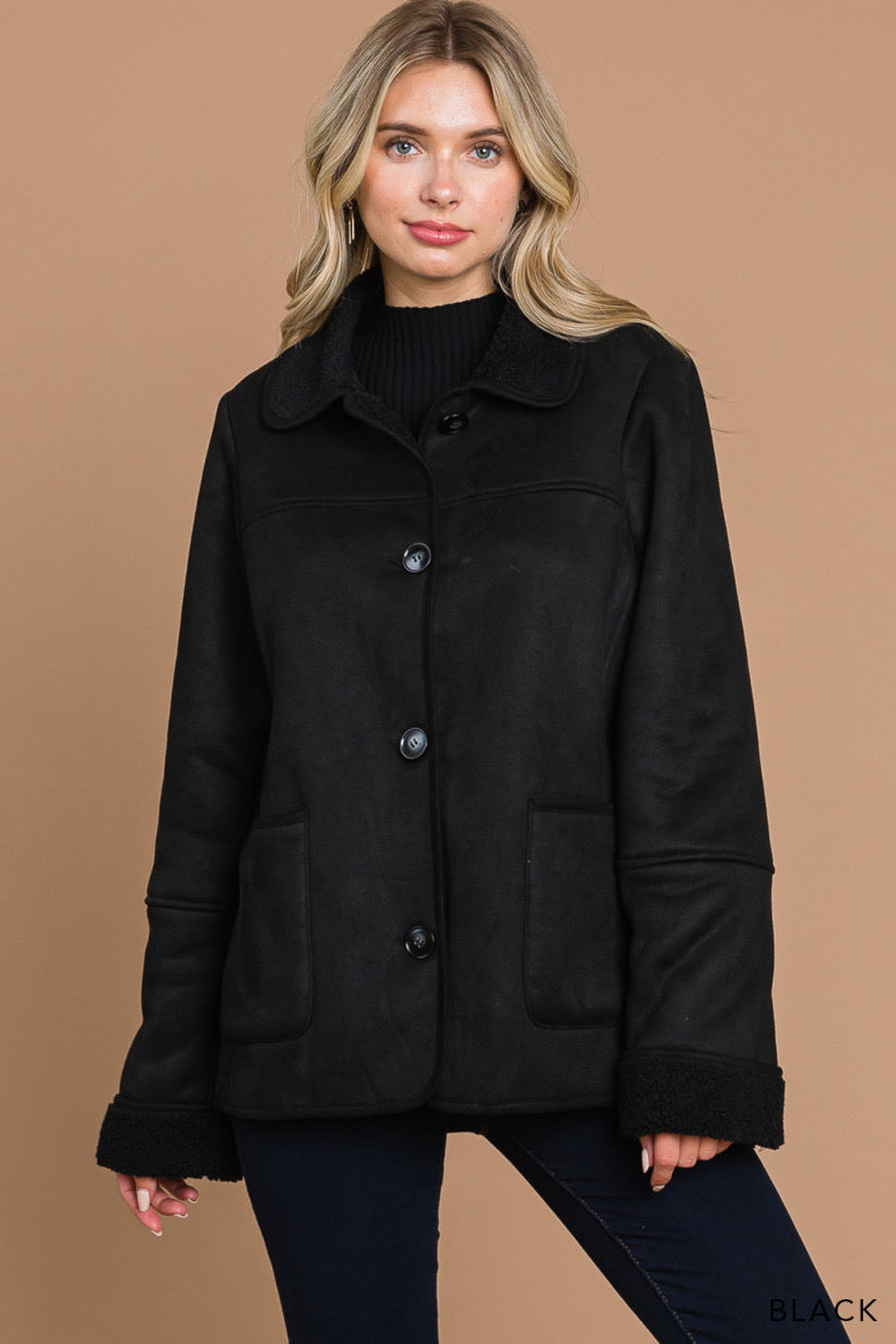 Whispering Pine | Faux Suede Jacket with Fur Lining | Black