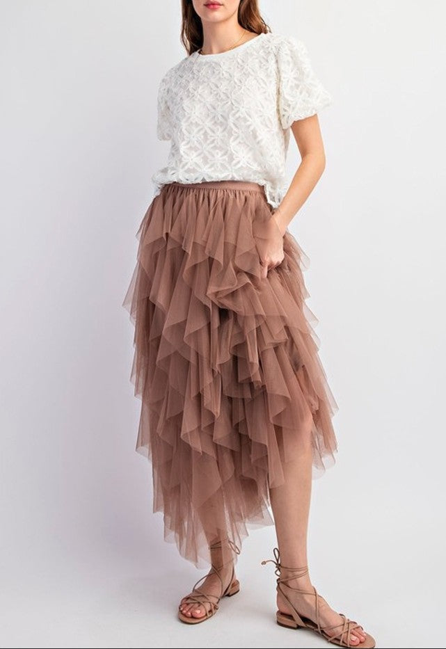 Frolic in the Autumn Mist | Cascading Tulle Mesh Layered Maxi Skirt | Mocha