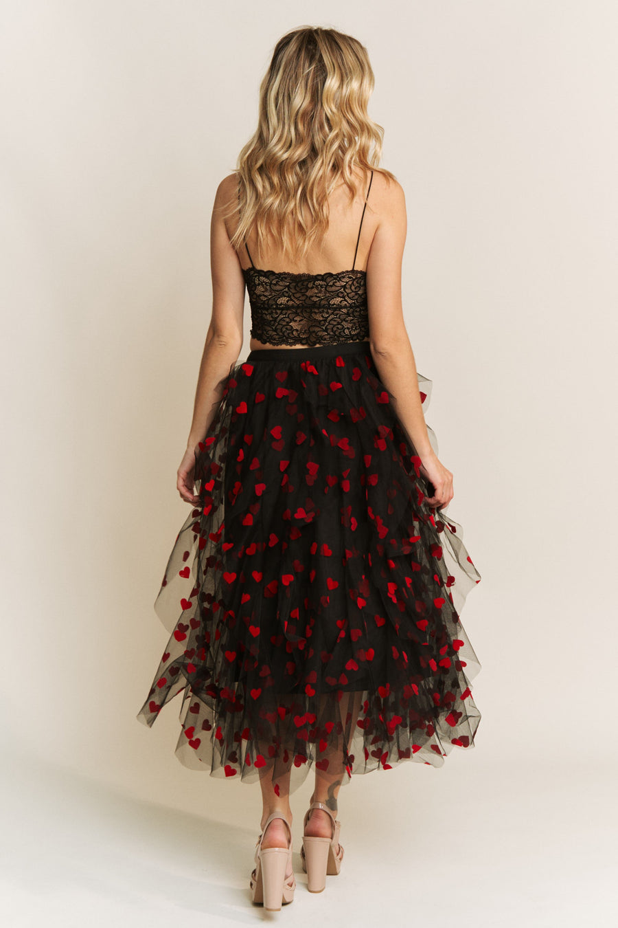 Queen of Hearts | Heart Velvet Flocking Mesh Layered Midi Skirt | Black