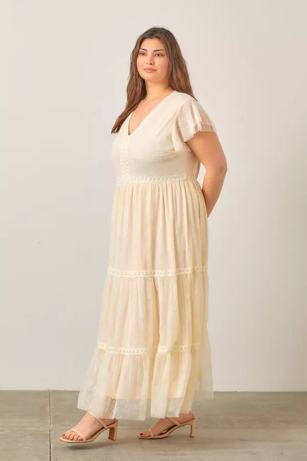 Enchanted Romance | V-Neck Maxi Dress With Embroidered Lace Trim | Ivory *FINAL SALE*