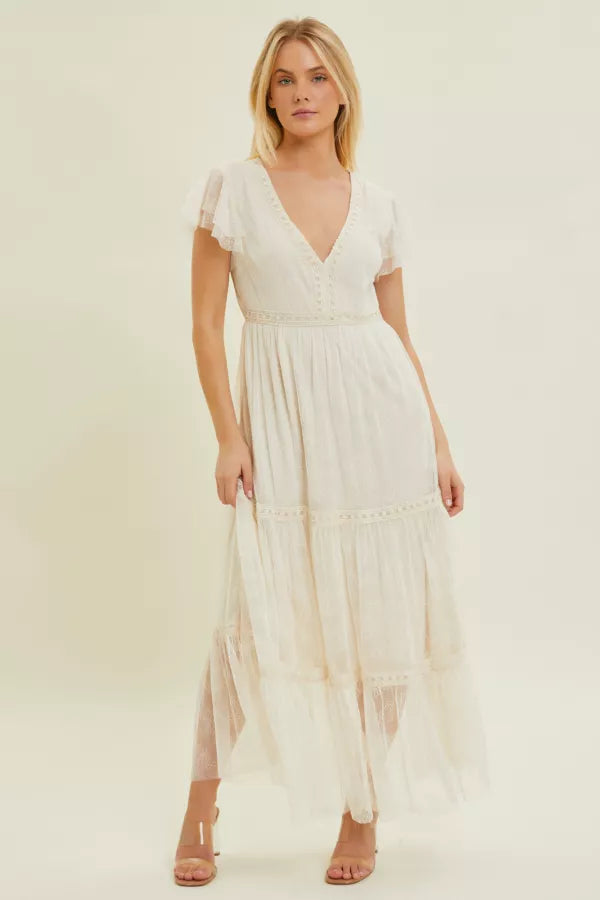 Enchanted Romance | V-Neck Maxi Dress With Embroidered Lace Trim | Ivory *FINAL SALE*