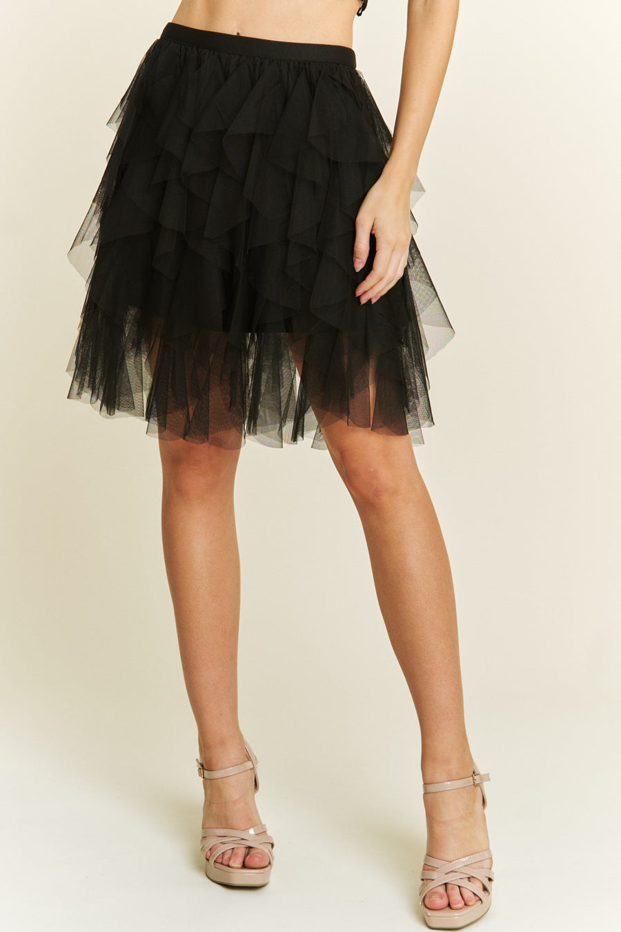 Twirl in the Twilight | Cascading Tulle Mesh Layered Mini Skirt | Black