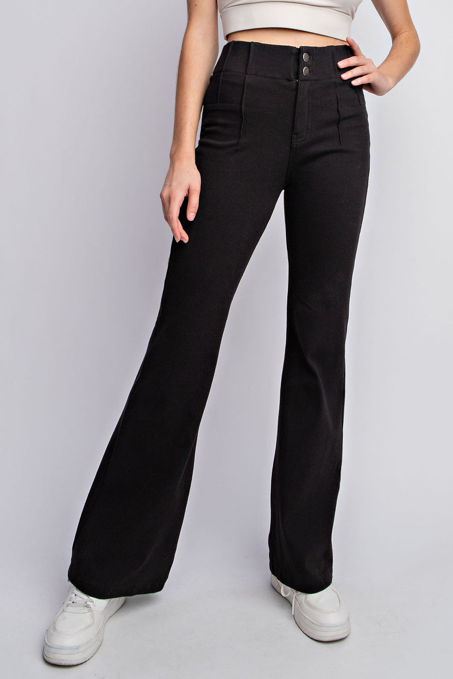 Lucia | Cotton Stretch Double Button Flare Pants | Black