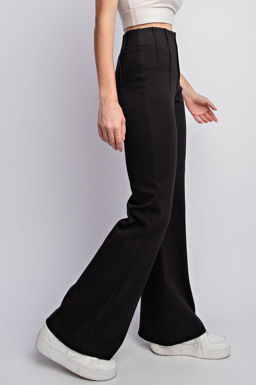 Lucia | Cotton Stretch Double Button Flare Pants | Black