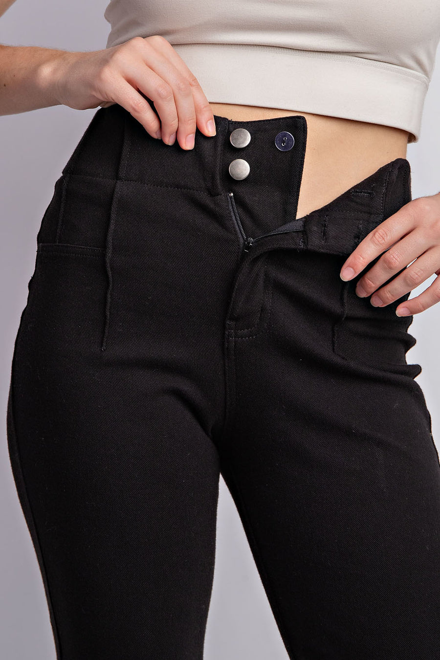 Lucia | Cotton Stretch Double Button Flare Pants | Black