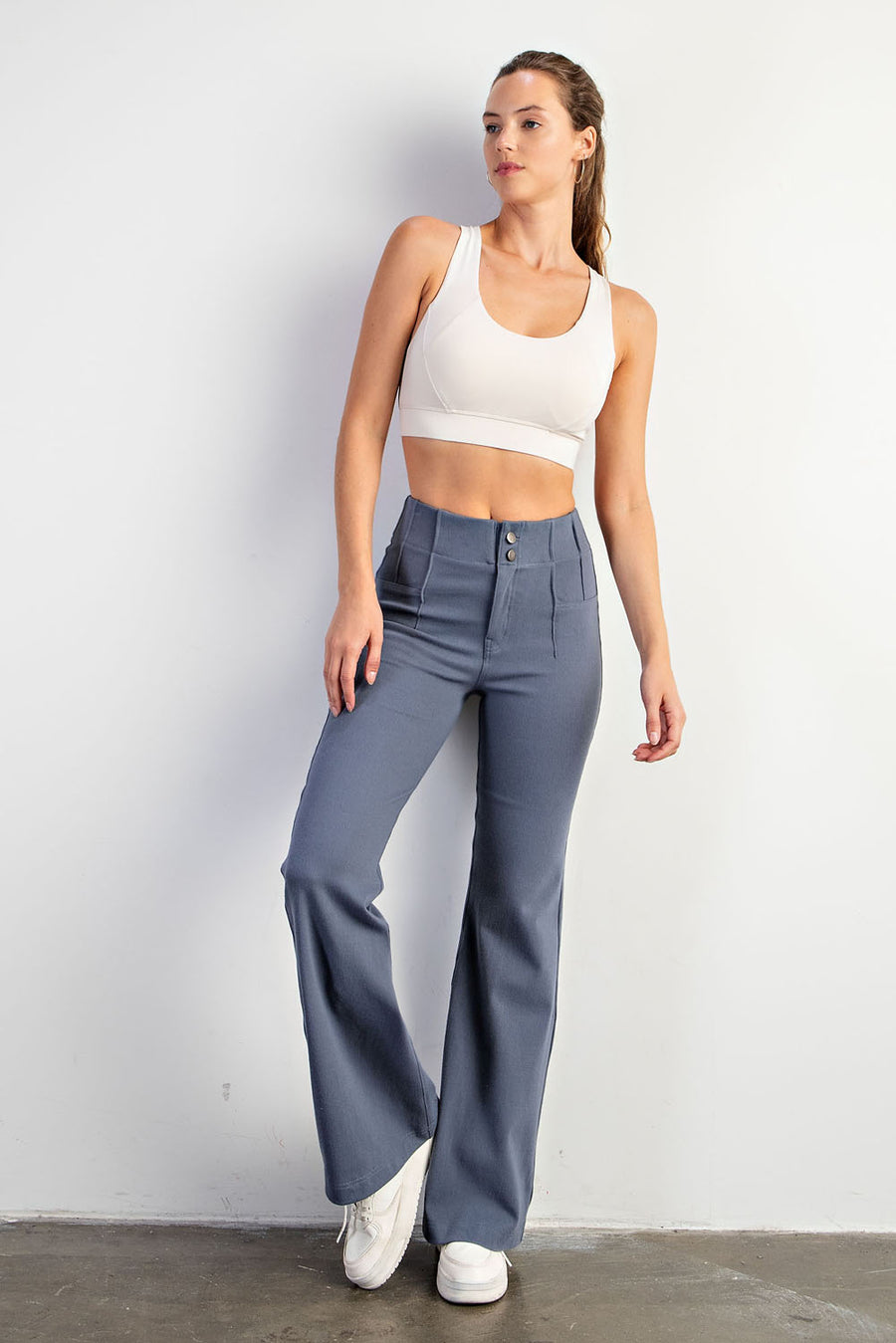 Lucia | Cotton Stretch Double Button Flare Pants | Mineral
