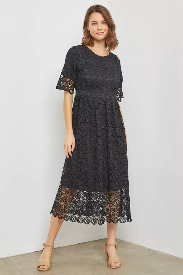 Kate | Lace Trimmed Midi Dress | Black