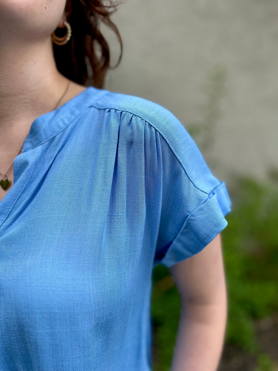 Amy Rolled Sleeve Woven Top | Blue