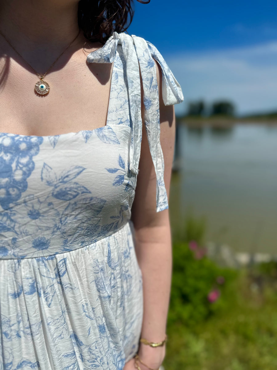 Daphne | Fruit Blossom Tiered Midi Dress | Blue