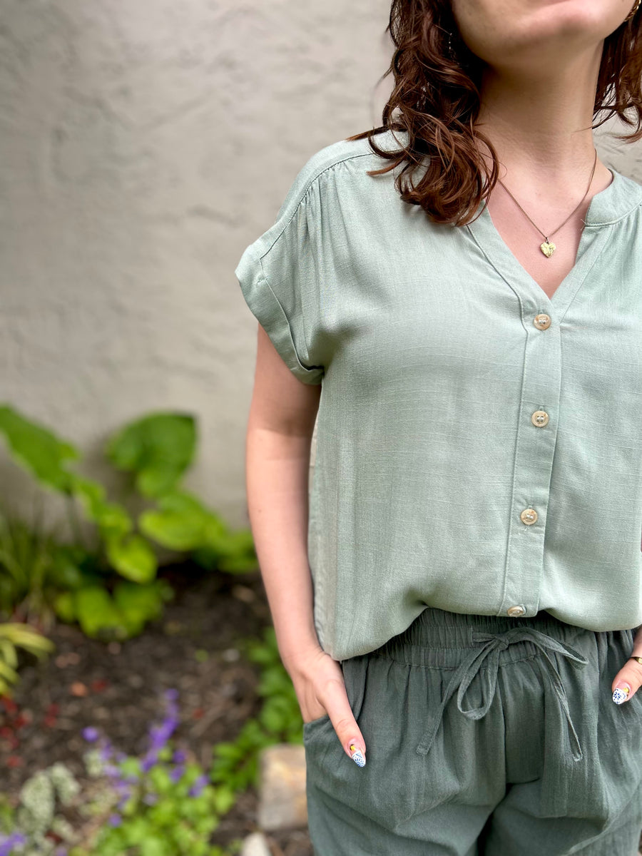 Amy Rolled Sleeve Woven Top | Sage