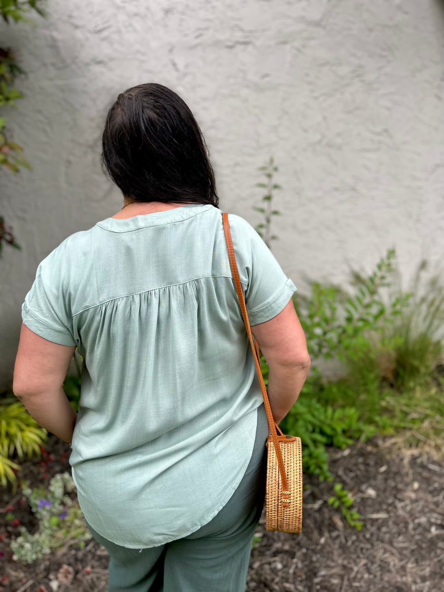 Amy Rolled Sleeve Woven Top | Sage