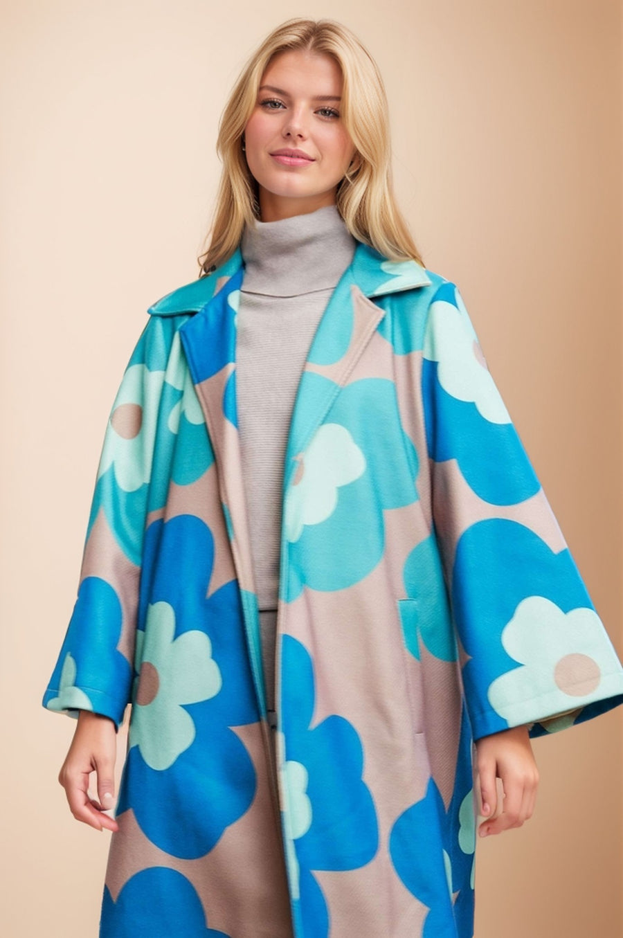 Vintage Drift | Bold Retro Floral Open Front Wide Sleeve Overcoat