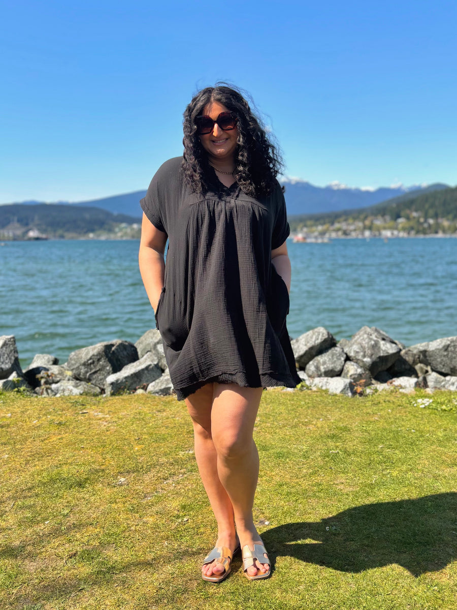 Morning Breeze | Gauze Rolled Short Sleeve V-Neck Dress | Black