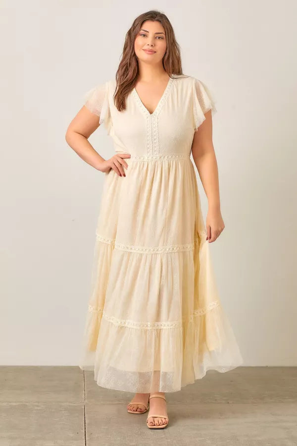 Enchanted Romance | V-Neck Maxi Dress With Embroidered Lace Trim | Ivory *FINAL SALE*