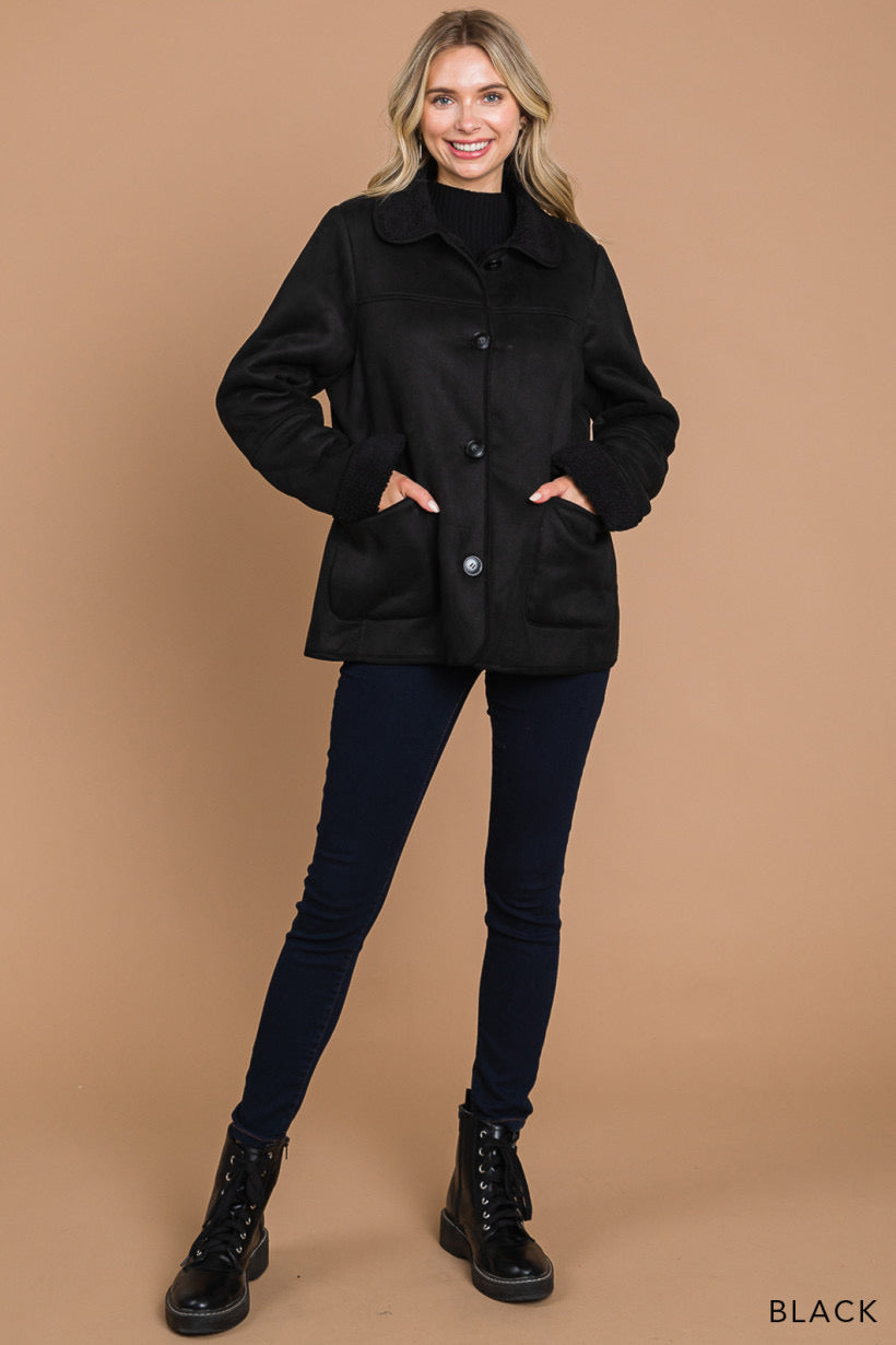 Whispering Pine | Faux Suede Jacket with Fur Lining | Black