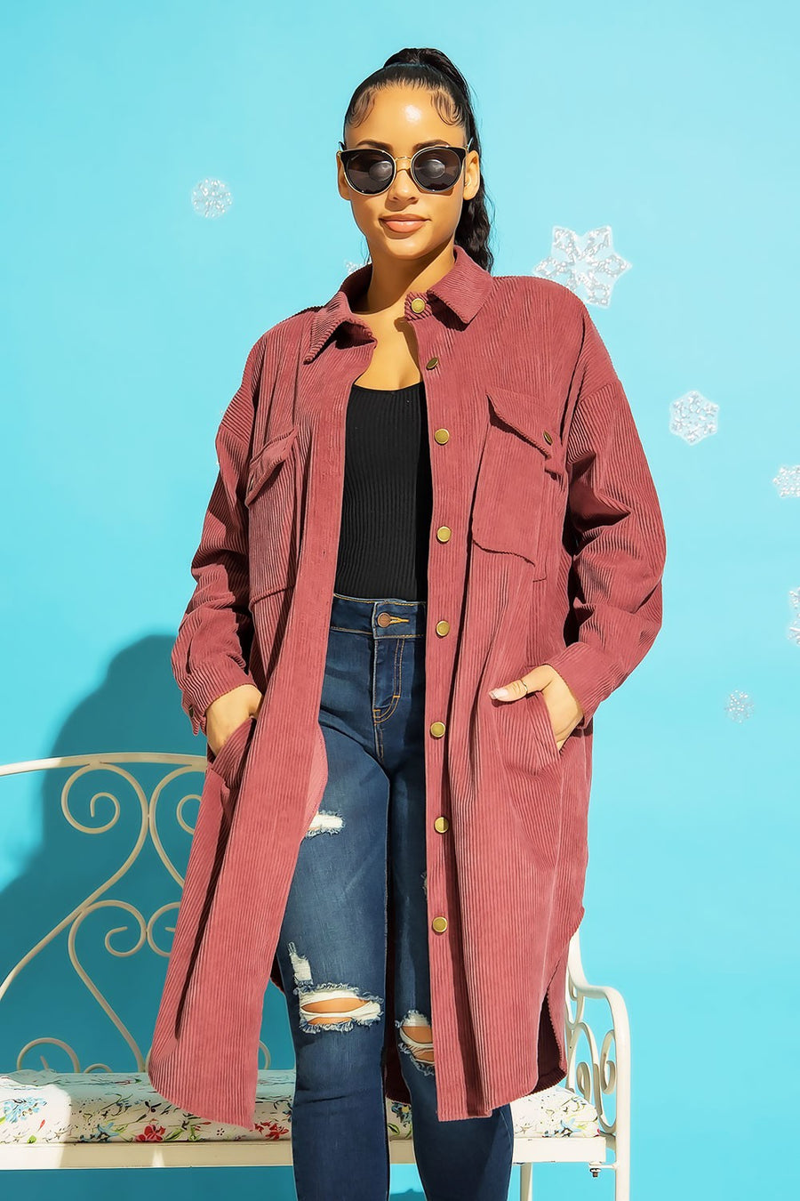 Cabin in the Woods | Long Corduroy Button Down Jacket | Dusty Rose