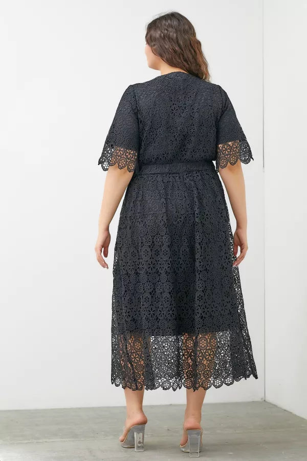 Kate | Lace Trimmed Midi Dress | Black