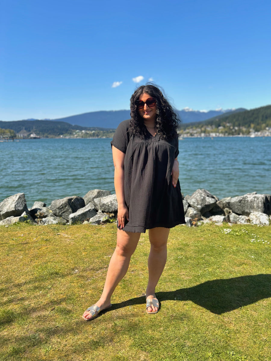 Morning Breeze | Gauze Rolled Short Sleeve V-Neck Dress | Black