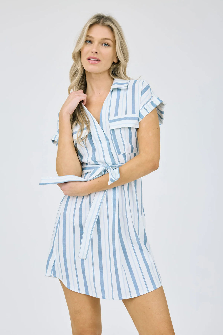 Mary | Collared Short Sleeve Belted Shirt Dress | Navy Multi