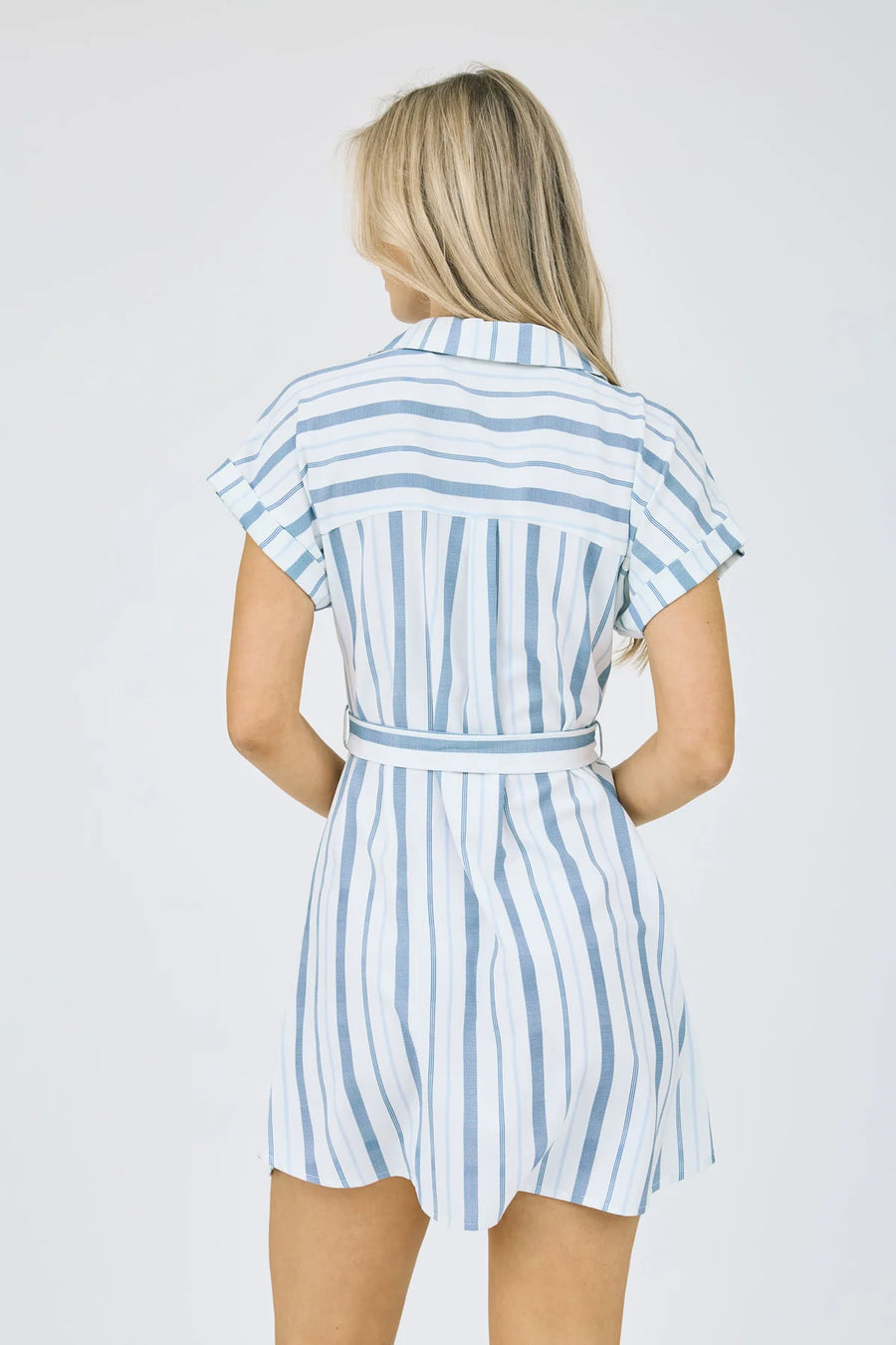 Mary | Collared Short Sleeve Belted Shirt Dress | Navy Multi