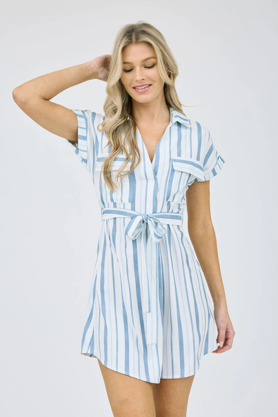 Mary | Collared Short Sleeve Belted Shirt Dress | Navy Multi