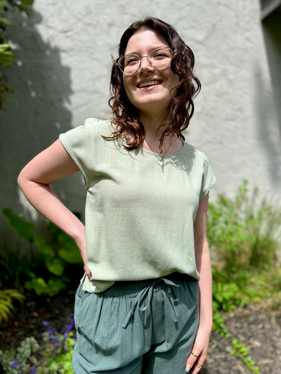 Keira Round Neck Linen Blouse | Light Olive