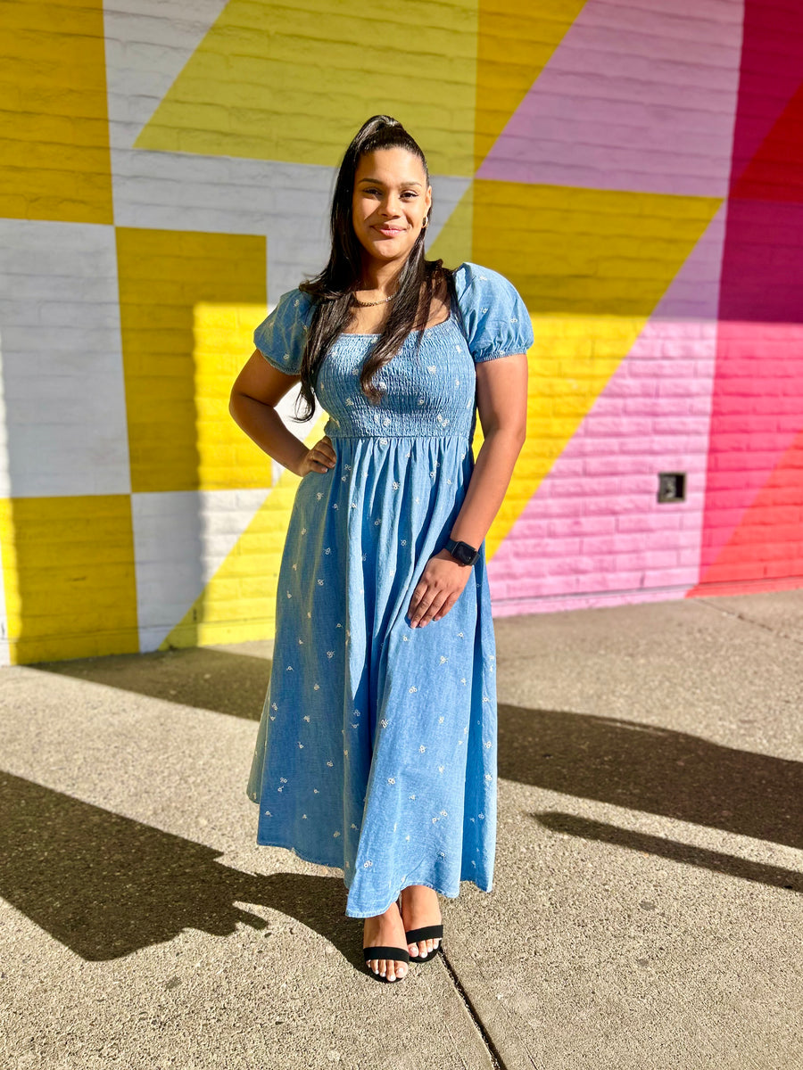 green emerald velvet dress HAZEL SMOCKED EMBROIDERED MIDI DRESS main image 0