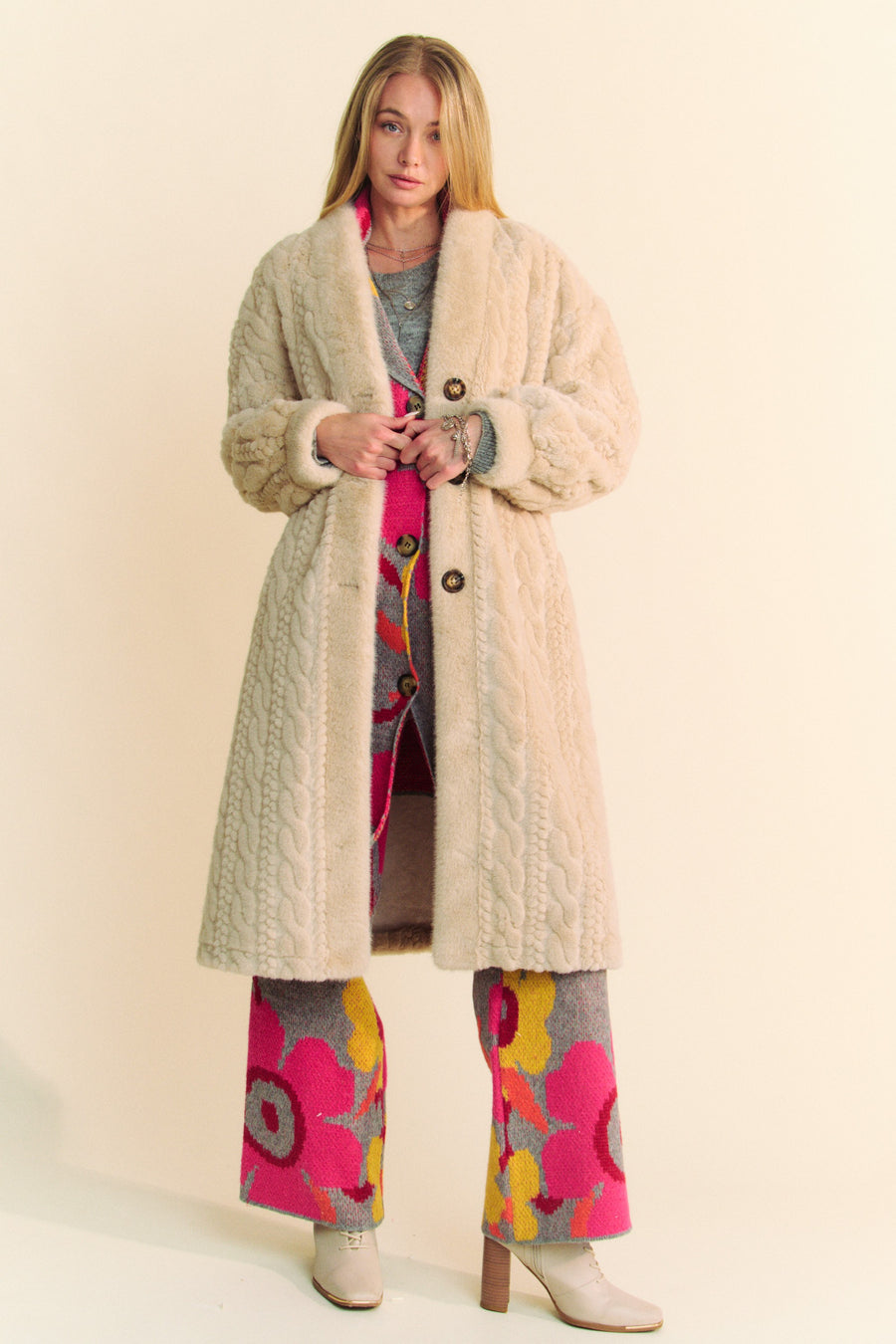 Curtain Call | Faux Fur Rib Pattern Long Coat | Cream