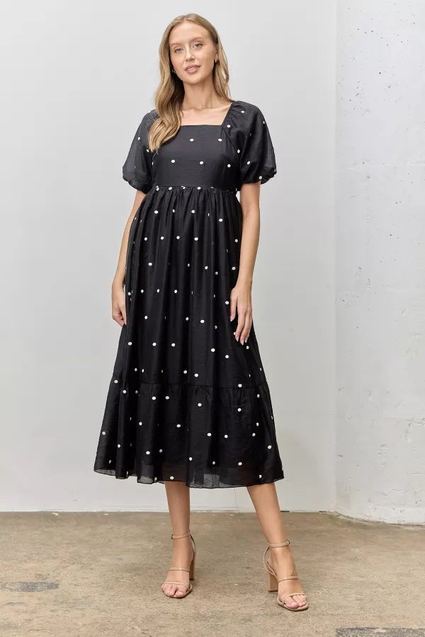 Bubble Breeze | Embroidered Dot Midi Dress | Black