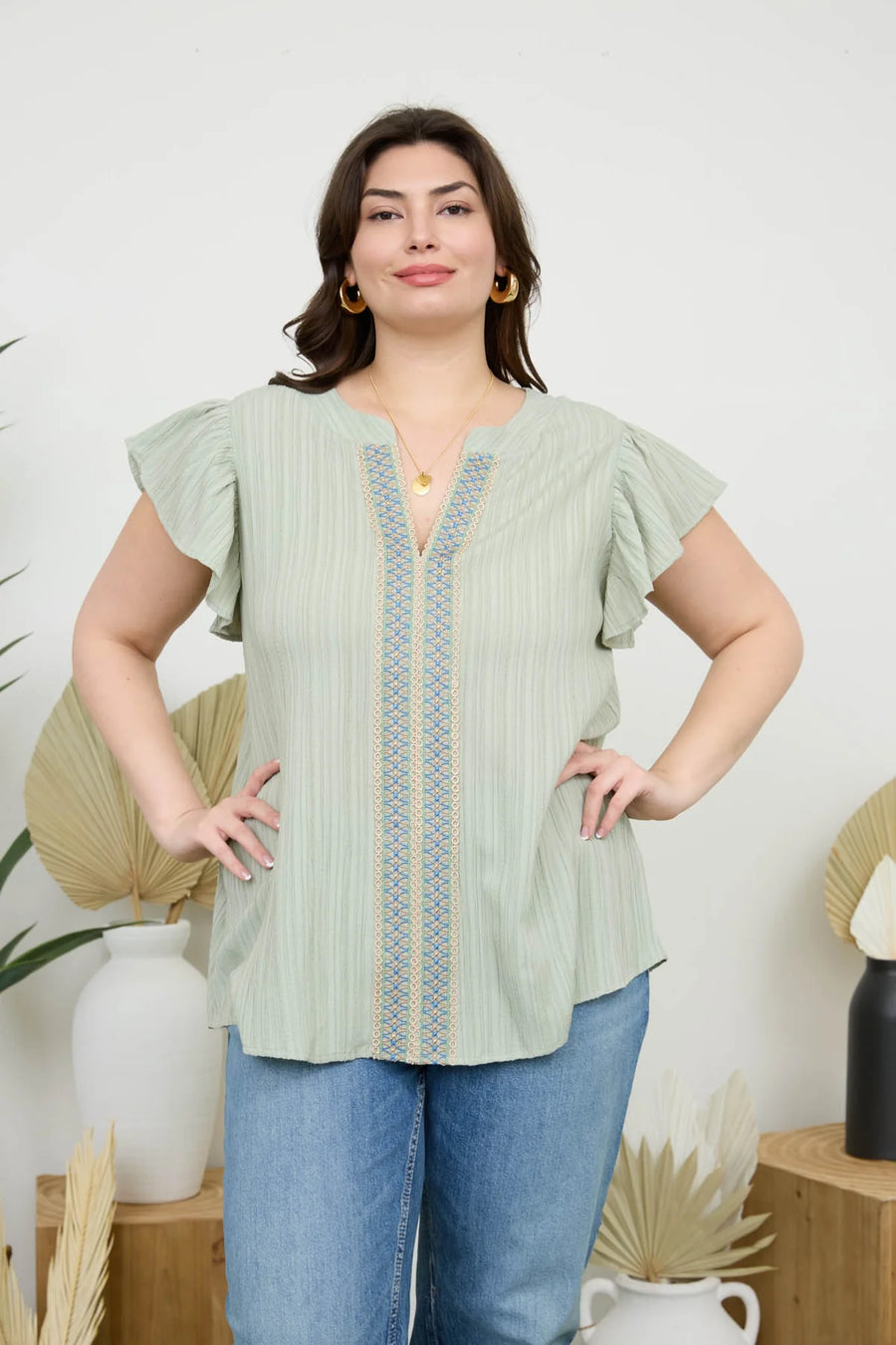 Ophelia Lace Trim Crinkle Blouse | Light Olive