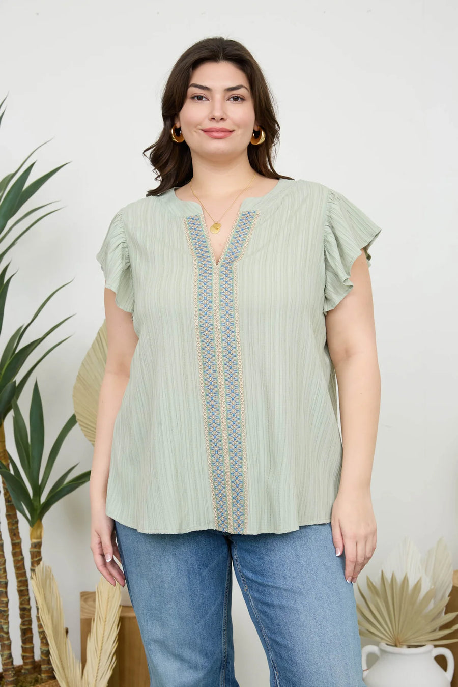 Ophelia Lace Trim Crinkle Blouse | Light Olive