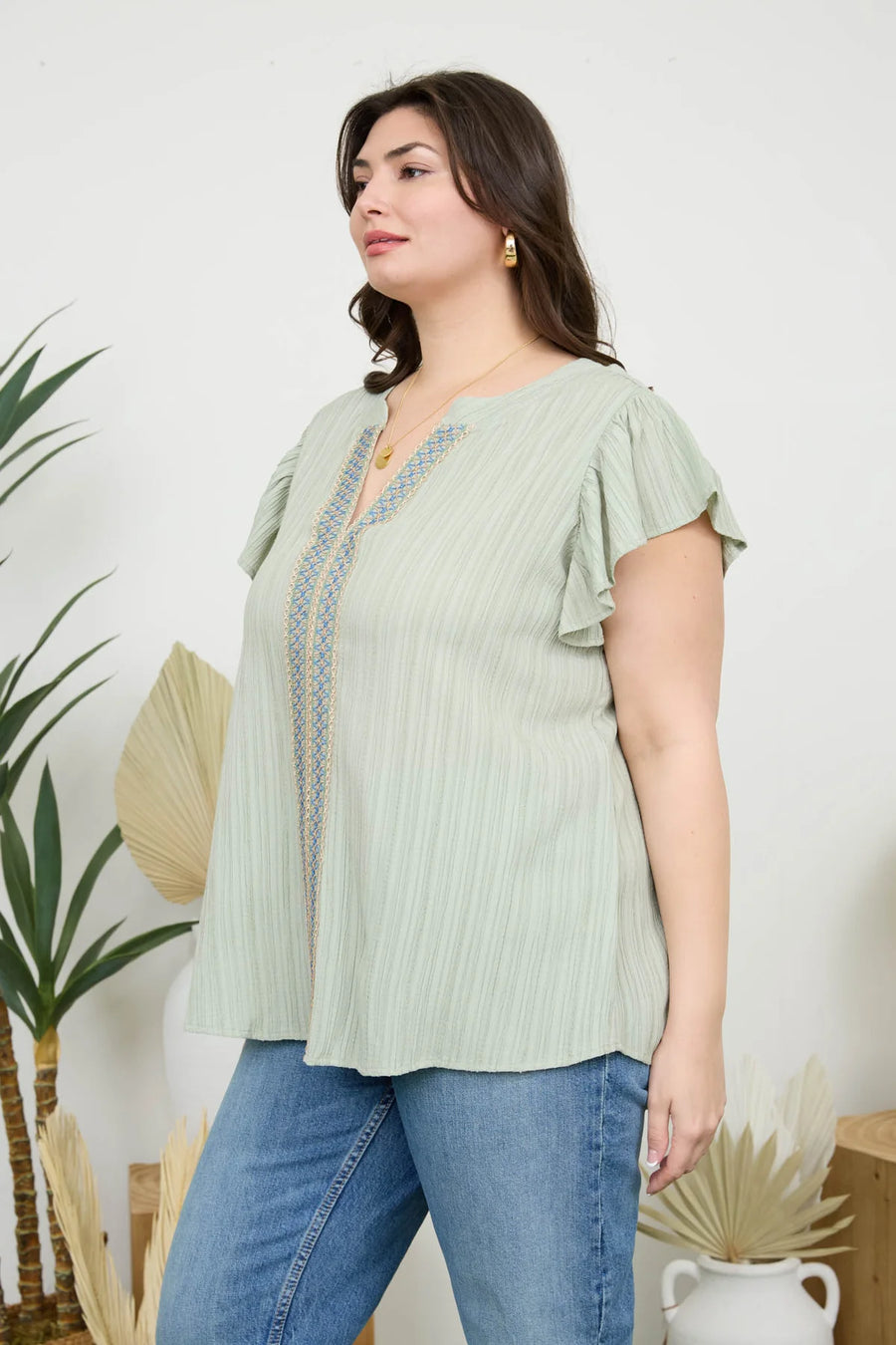 Ophelia Lace Trim Crinkle Blouse | Light Olive