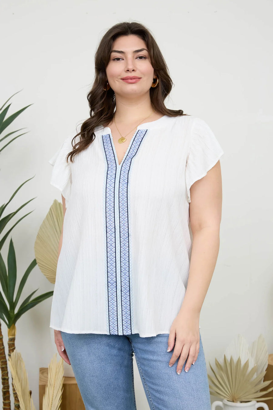 Ophelia | Lace Trim Crinkle Blouse | White