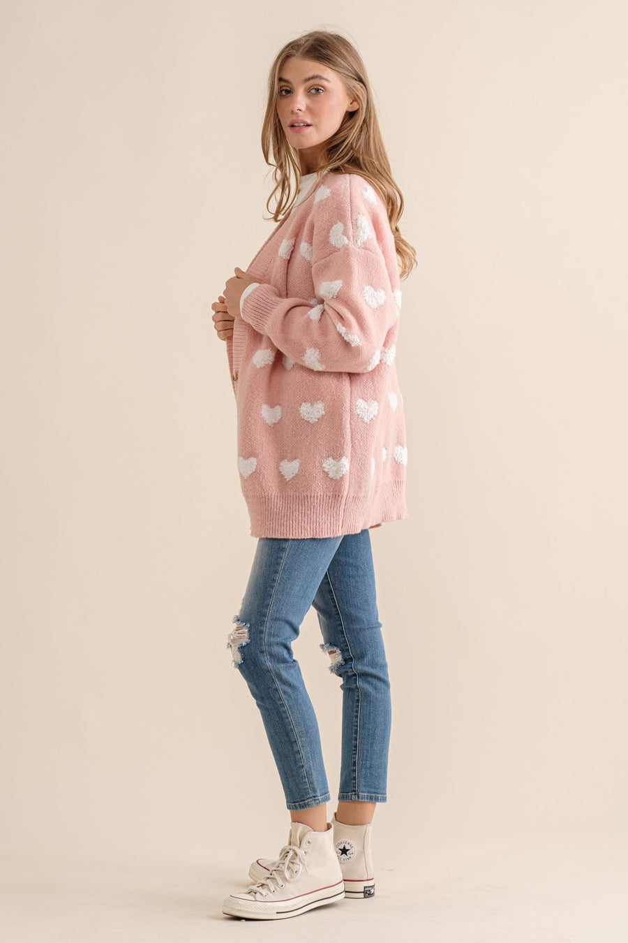 Toula | All Over Heart Sweater Cardigan | Pink