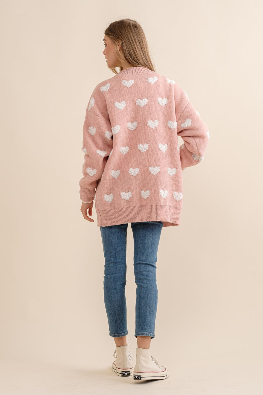 Toula | All Over Heart Sweater Cardigan | Pink