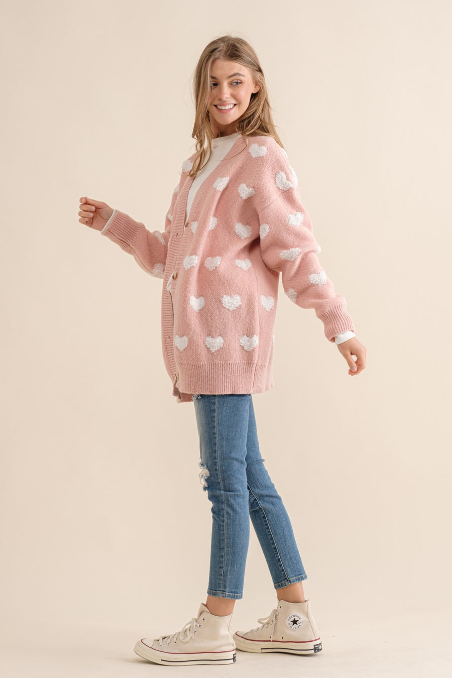 Toula | All Over Heart Sweater Cardigan | Pink