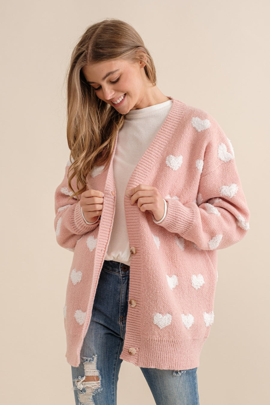 Toula | All Over Heart Sweater Cardigan | Pink