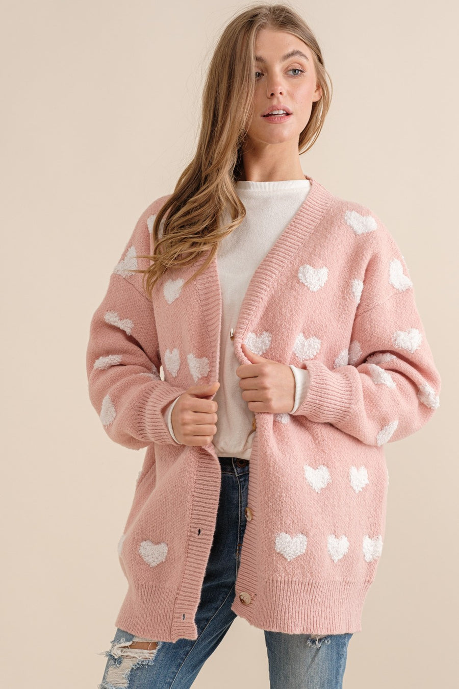 Toula | All Over Heart Sweater Cardigan | Pink