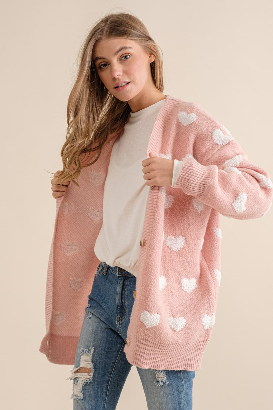 Toula | All Over Heart Sweater Cardigan | Pink