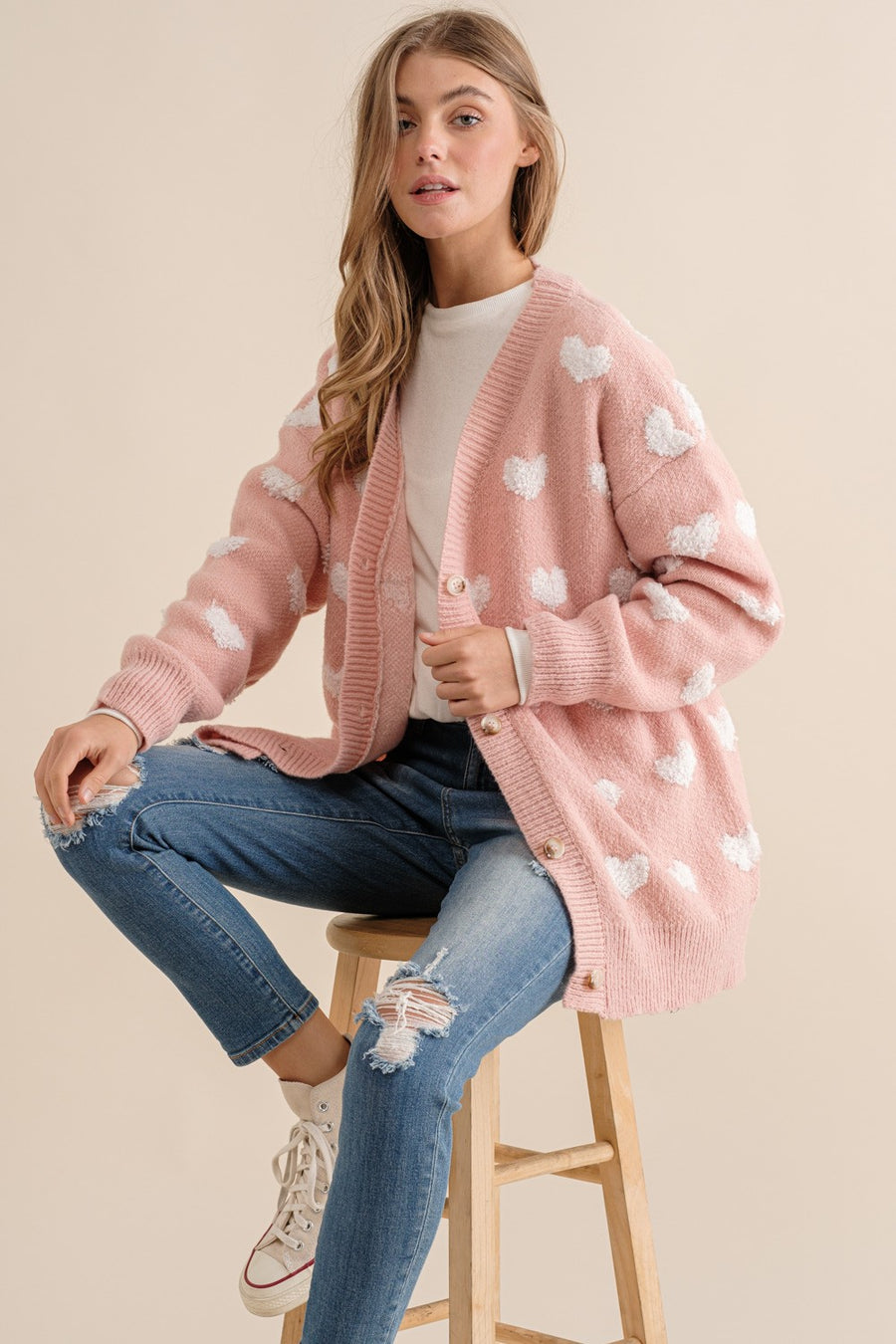 Toula | All Over Heart Sweater Cardigan | Pink