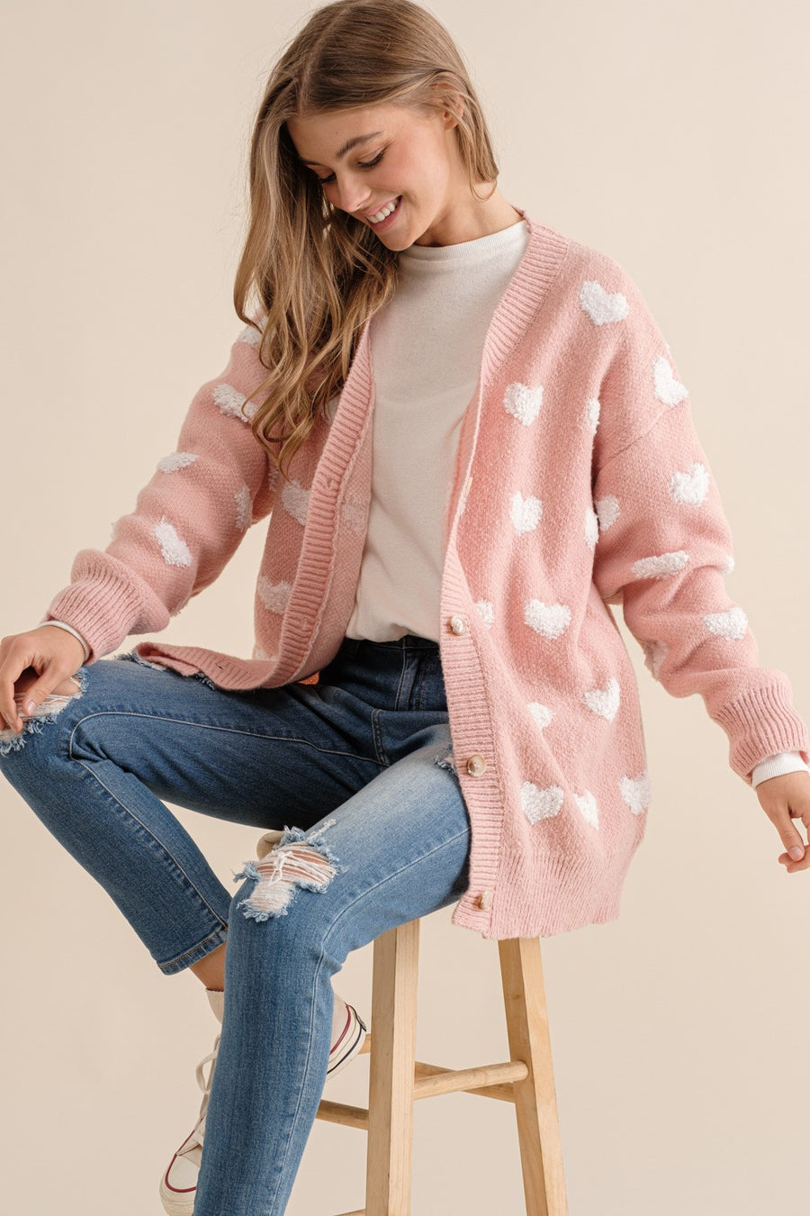 Toula | All Over Heart Sweater Cardigan | Pink