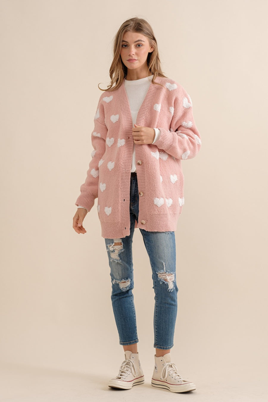 Toula | All Over Heart Sweater Cardigan | Pink