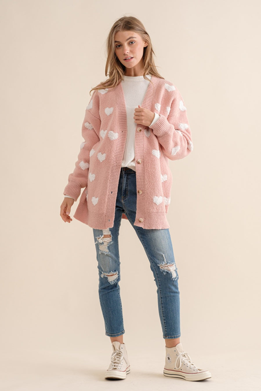 Toula | All Over Heart Sweater Cardigan | Pink