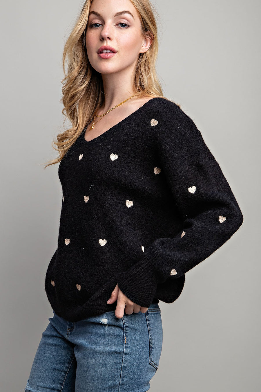 Bianca | Heart Pullover Boxy Knit Sweater | Black