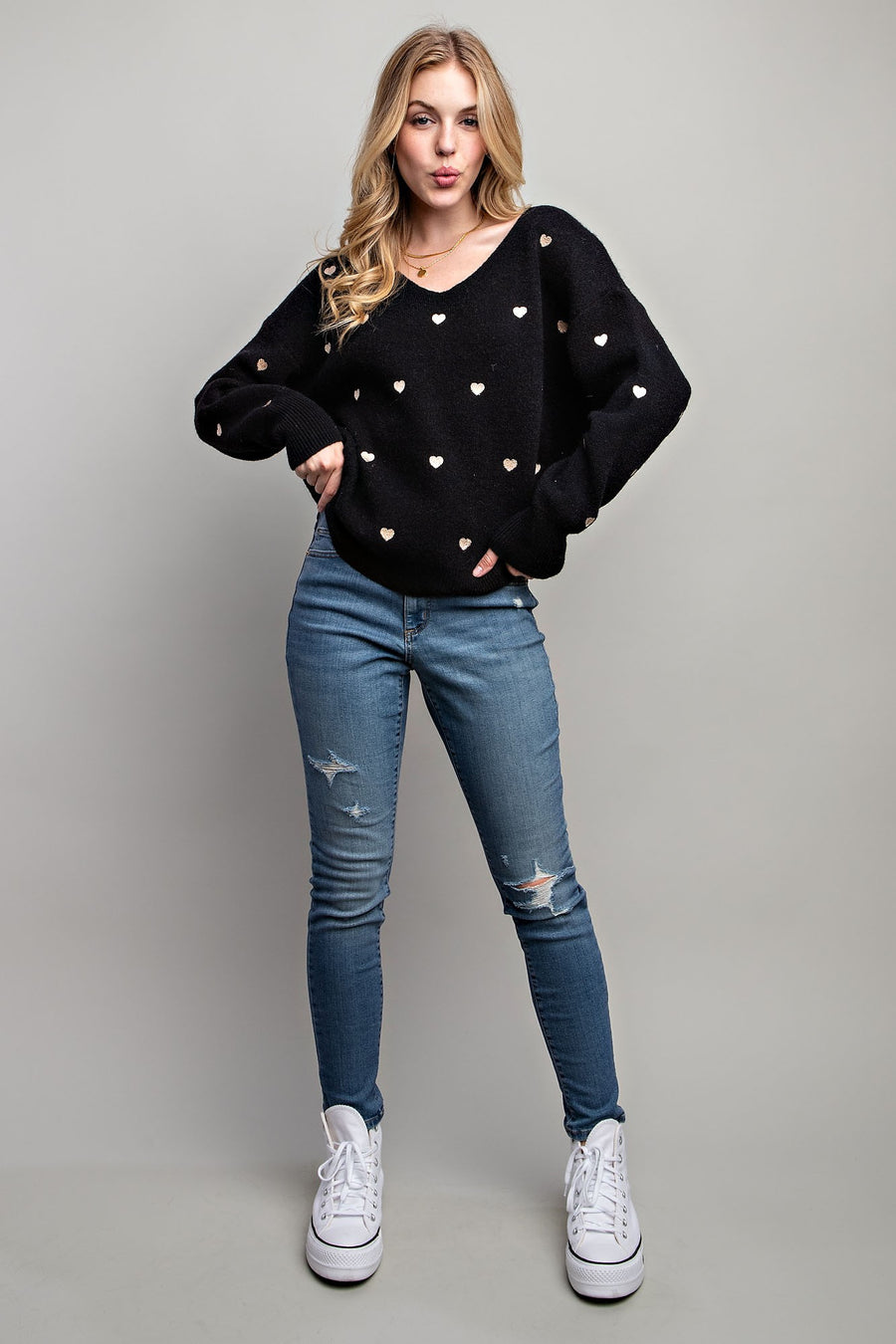 Bianca | Heart Pullover Boxy Knit Sweater | Black