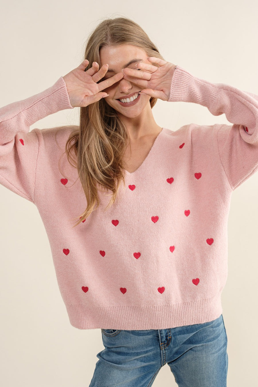 Bianca | Heart Pullover Boxy Knit Sweater | Pink