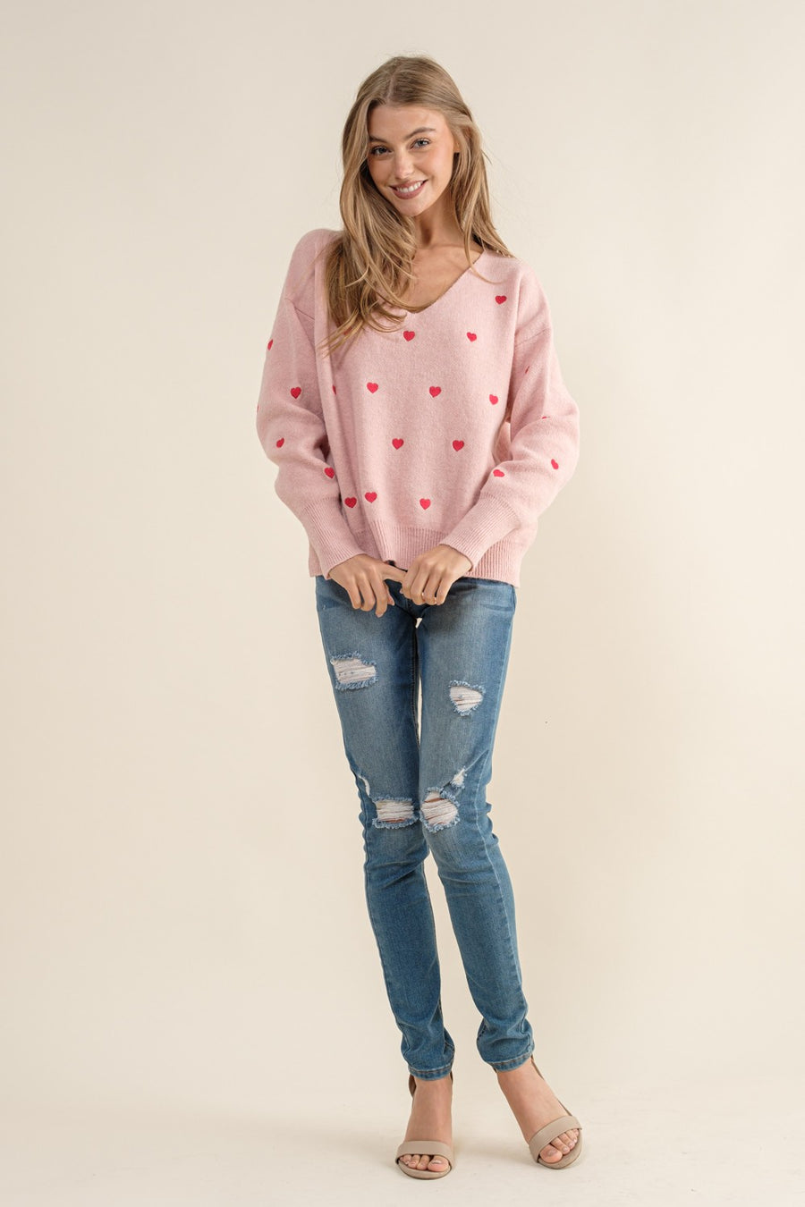 Bianca | Heart Pullover Boxy Knit Sweater | Pink